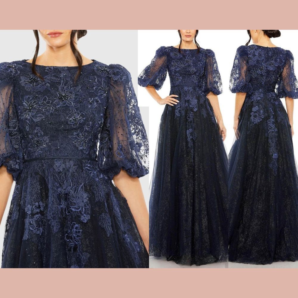 NWT Mac‎ Duggal [ 14 ] 20506 High Neck Puff Sleeve A Line Gown Midnight Blue
